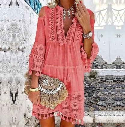 Spring Boho Off-Shoulder Mini Dress – Embroidered Lace & Tassel Detail