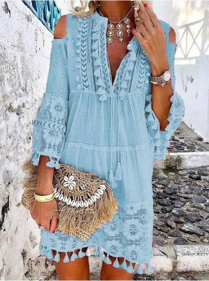 Spring Boho Off-Shoulder Mini Dress – Embroidered Lace & Tassel Detail