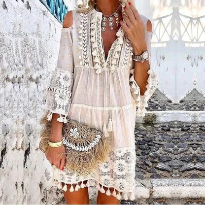 Spring Boho Off-Shoulder Mini Dress – Embroidered Lace & Tassel Detail