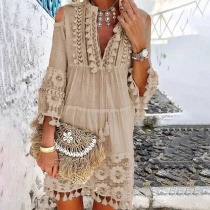 Spring Boho Off-Shoulder Mini Dress – Embroidered Lace & Tassel Detail